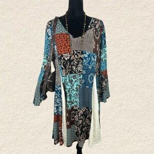 The Paisley Grace Boutique Fairycore Boho Patchwork Dress with Flared Sleeves
